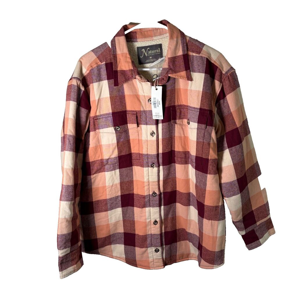 Natural Reflections Jacket Women's Medium Pink Plaid Hoodie Sherpa Shacket NWT